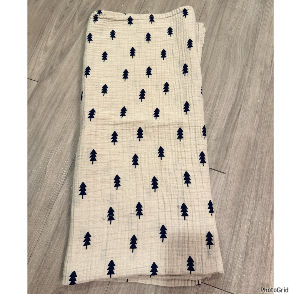 Cloud Island Beige Tan Blue Woodland Tree Muslin Cotton Baby Blanket Swaddle